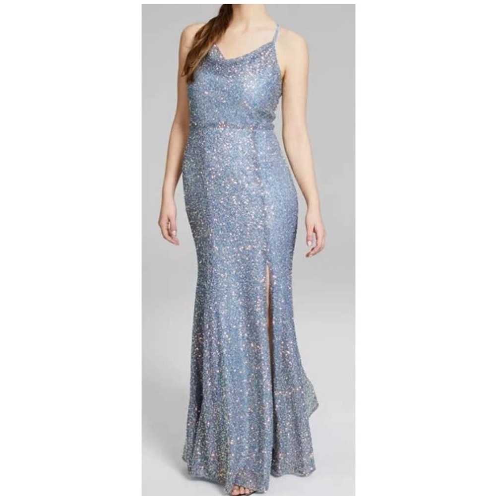 BCX Dresses frost blue sequin maxi dress with cowl neck & font slit size 15